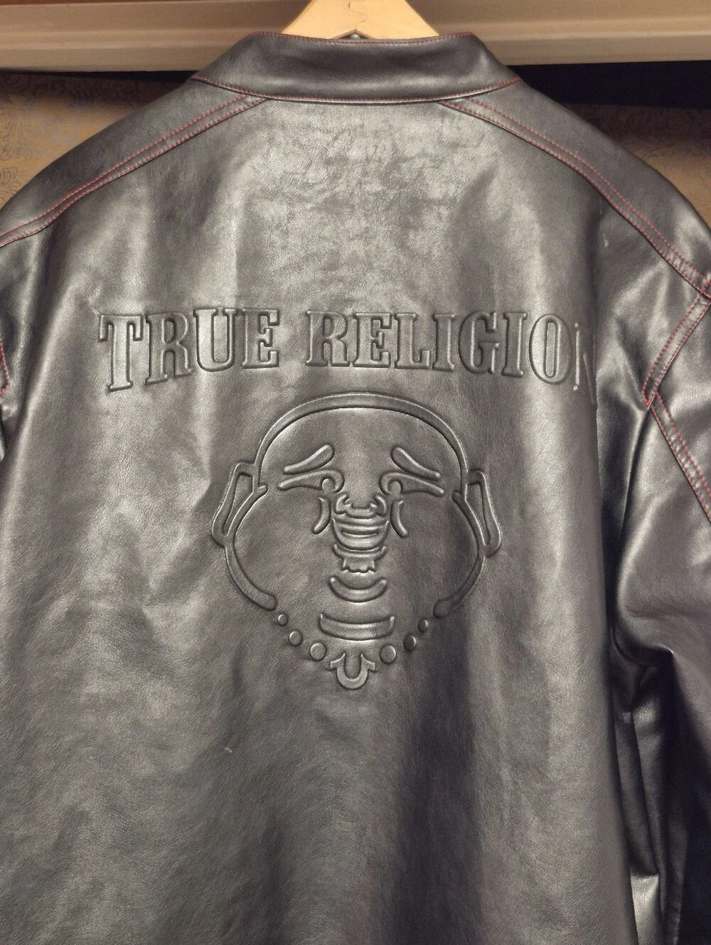 True Religion Black Leather Bomber Jacket with Red Stitching